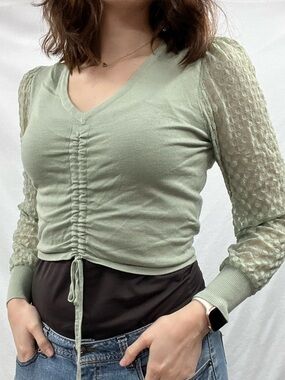 Nikka K V-Neck Ruched Knit Top with Sheer Textured Sleeves — Sage Green